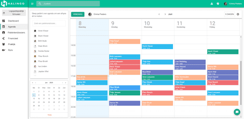 De weekagenda met de afspraken per therapeut.