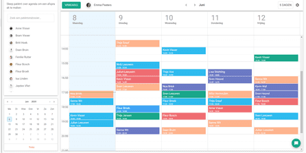 De weekagenda met de afspraken per therapeut.