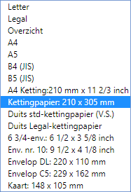 Schermafbeelding: Kies bij Papierformaat het kettingpapier 210 x 305 mm.