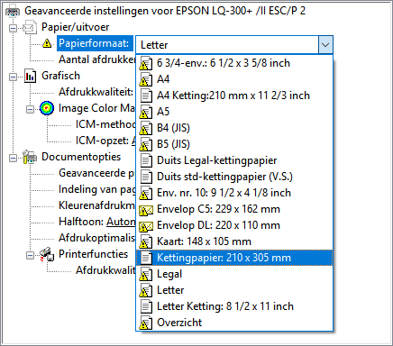 Screenshot: Under Papierformaat (Paper size), choose kettingpapier 210 x 305 mm (continuous paper 210 x 305 mm).