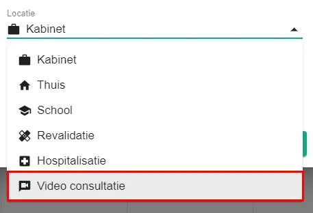 Schermafbeelding: Selecteer bij locatie de optie videoconsultatie.