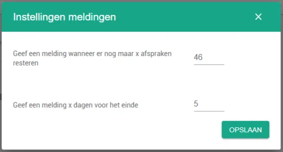 Schermafbeelding: Geef aan na hoeveel sessies u een melding wilt, of hoeveel dagen voor de einddatum. Beide tegelijk…
