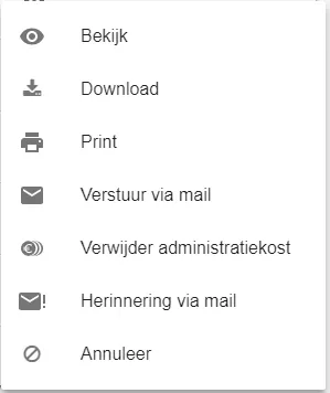 Schermafbeelding: Klik op het icoon om het menu te openen bij de factuur waarvan u de administratiekost wilt…