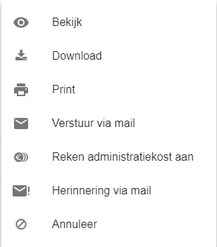 Schermafbeelding: Klik op het icoon om het menu te openen bij de factuur die u wilt mailen.