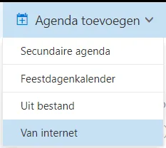 Schermafbeelding: Surf naar https://outlook.live.com/calendar/ en klik onder Agenda toevoegen op Van internet. Plak in…