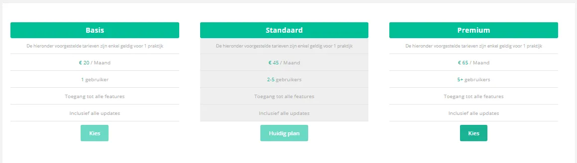 Overzicht van de drie formules Basis Praktijk, Standaard Praktijk en Premium Praktijk