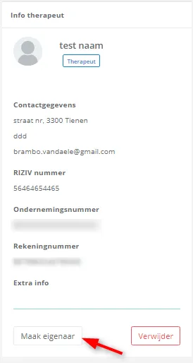 Schermafbeelding: Klik in het venster info therapeut op de knop maak eigenaar.