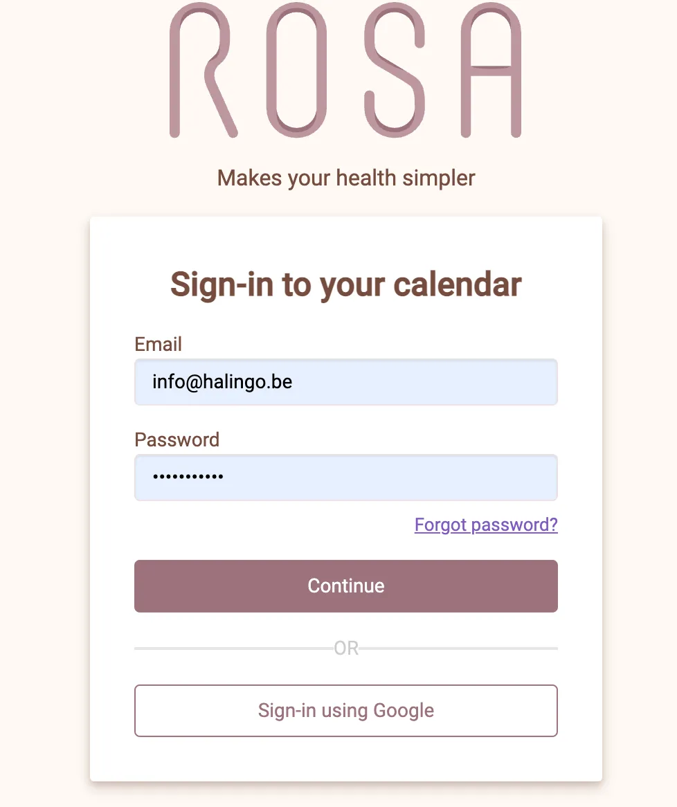 Capture d’écran : Connectez-vous au portail Rosa : https://hp-calendar.rosa.be/.