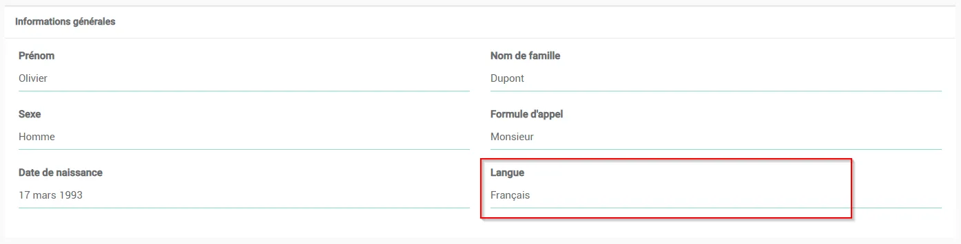 Capture d’écran : Allez dans la section Informations générales et sélectionnez la langue souhaitée.