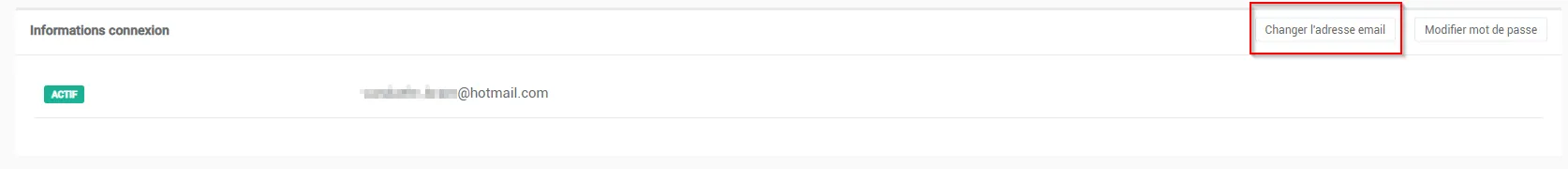Capture d’écran : Dans la section données de connexion, cliquez sur le bouton Changer l’adresse e-mail.