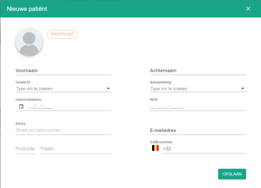 Capture d’écran : Complétez les données du patient. Le prénom et le nom sont obligatoires.