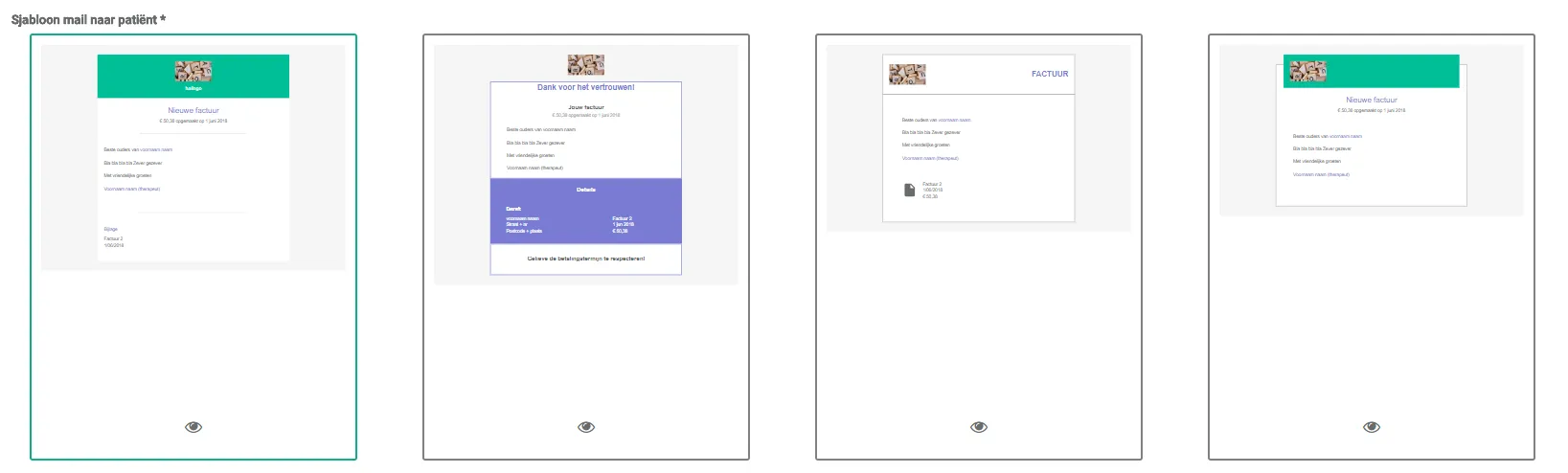 Screenshot: Kies (Choose) the sjabloon (template) for the email your patients receive. Click the template you want.