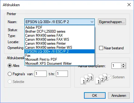Screenshot: In the Print window, select the dot-matrix printer.