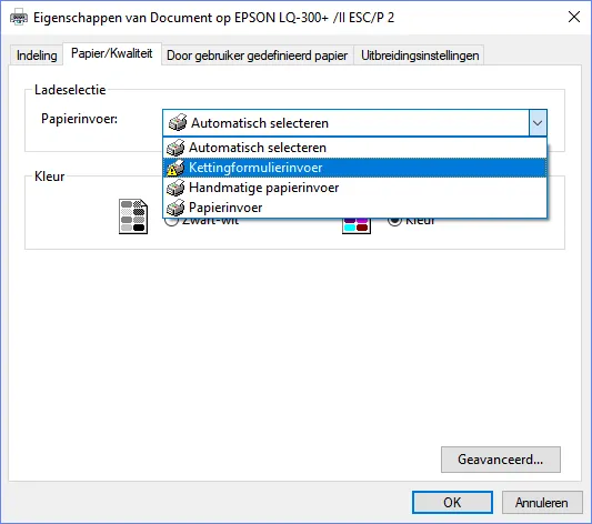 Screenshot: On the Papier/Kwaliteit (Paper/Quality) tab, under Papierinvoer (Paper source), choose…