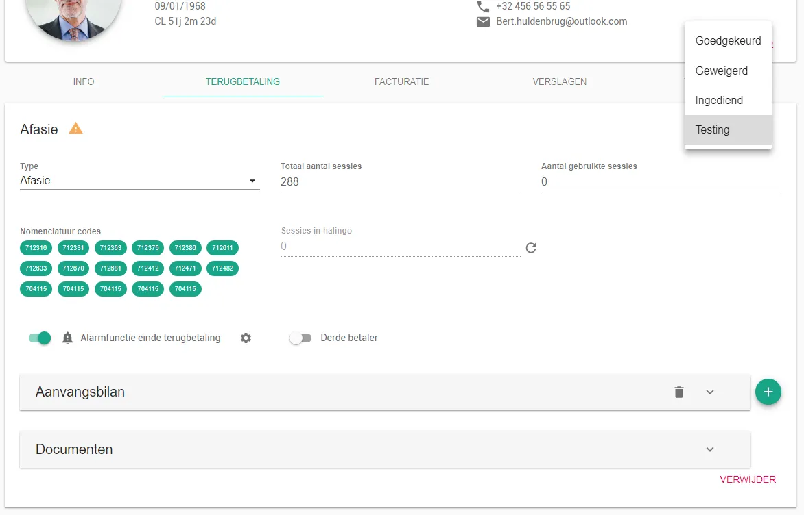 Screenshot: Under status, click the current status next to the name of the treatment.