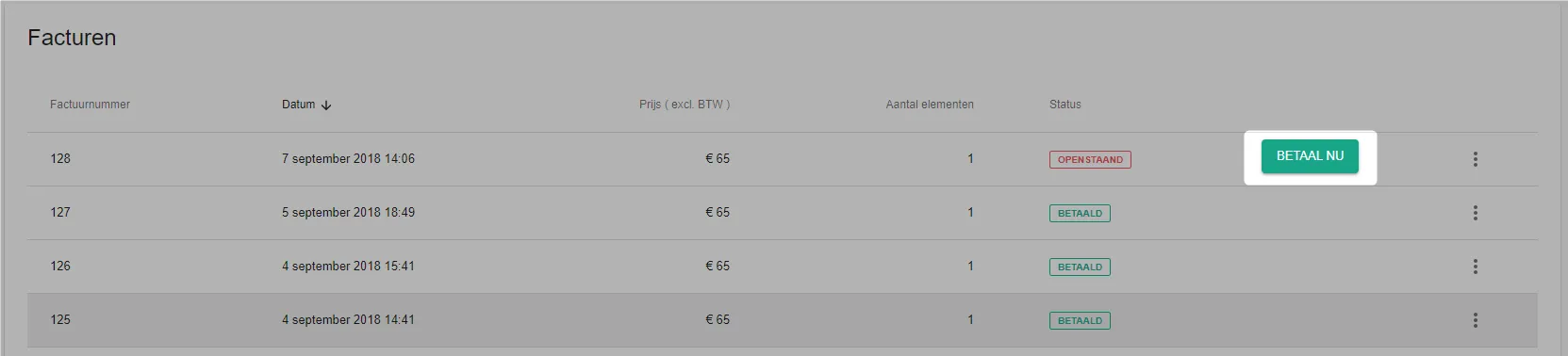 Screenshot: Click the betaal nu (pay now) button to settle the open invoice.