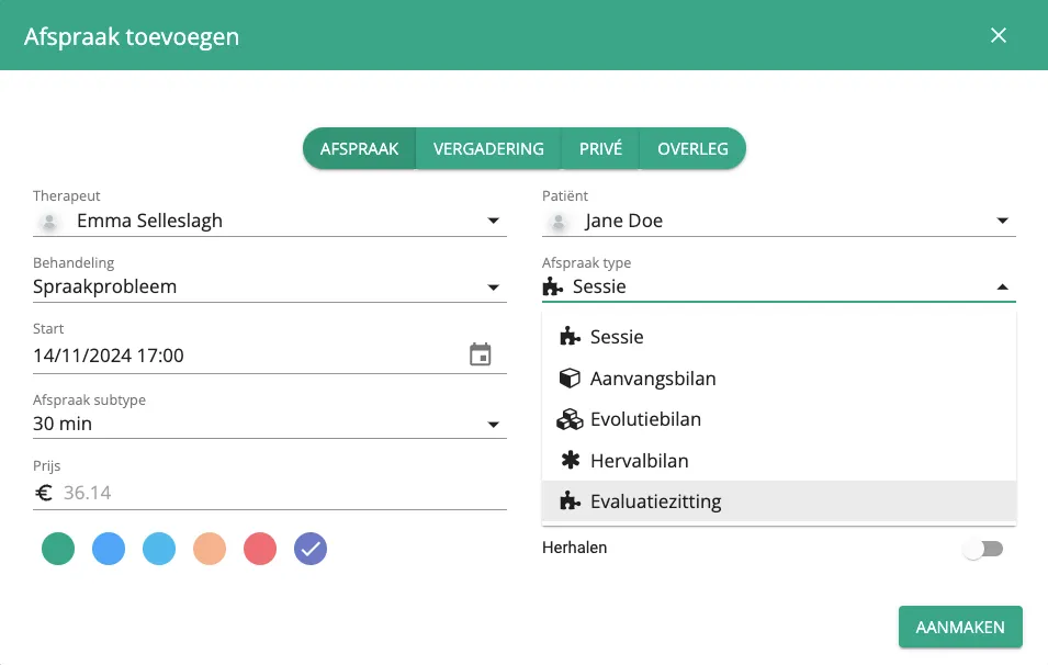 Bildschirmfoto: Die neue Evaluationssitzung wählen Sie in der Agenda über das afspraaktype (Termintyp), bei…