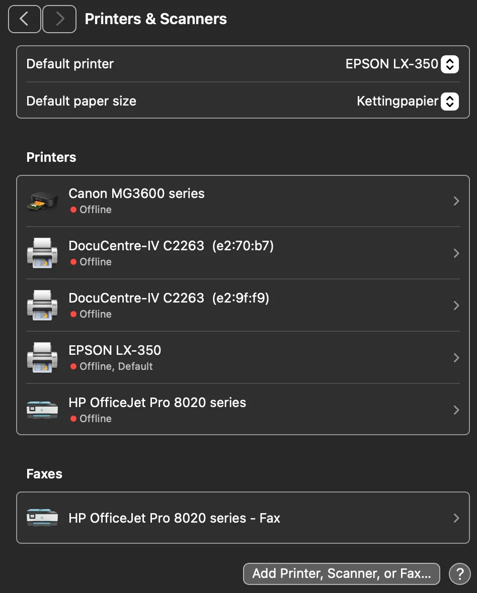 Bildschirmfoto: Gehen Sie auf Ihrem Mac zu System Settings (macOS Sequoia 15.2) und wählen Sie Printers & Scanners. Auf…