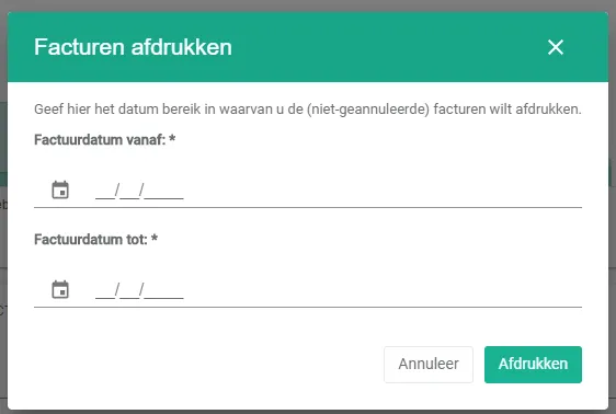 Bildschirmfoto: Wählen Sie den datumbereik (Zeitraum) der Rechnungen, die Sie drucken möchten.