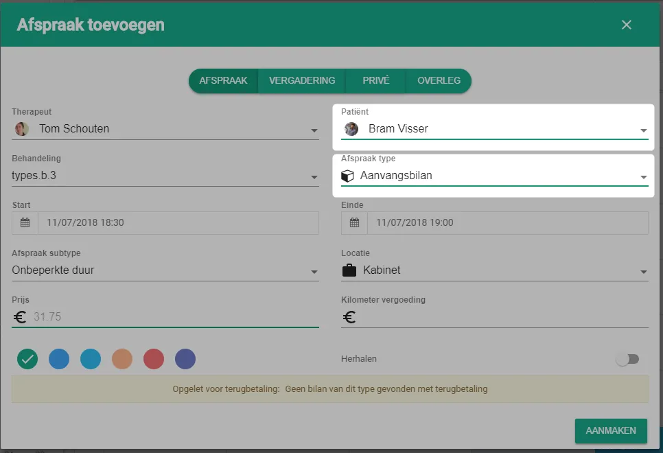 Bildschirmfoto: Wählen Sie den patiënt und bei afspraaktype (Termintyp) aanvangsbilan.