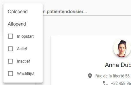Bildschirmfoto: Filtern Sie nach dem status des Patienten: actief (aktiv), niet actief (inaktiv) oder wachtlijst…