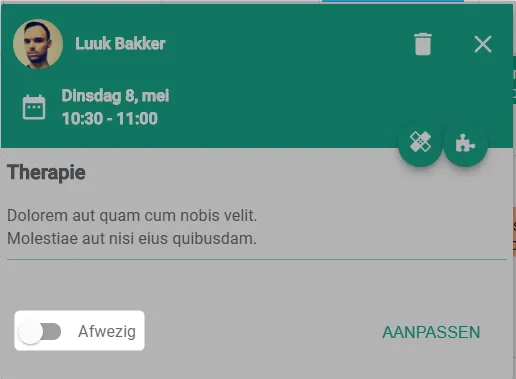 Bildschirmfoto: Wählen Sie am Termin die Option afwezig (abwesend).